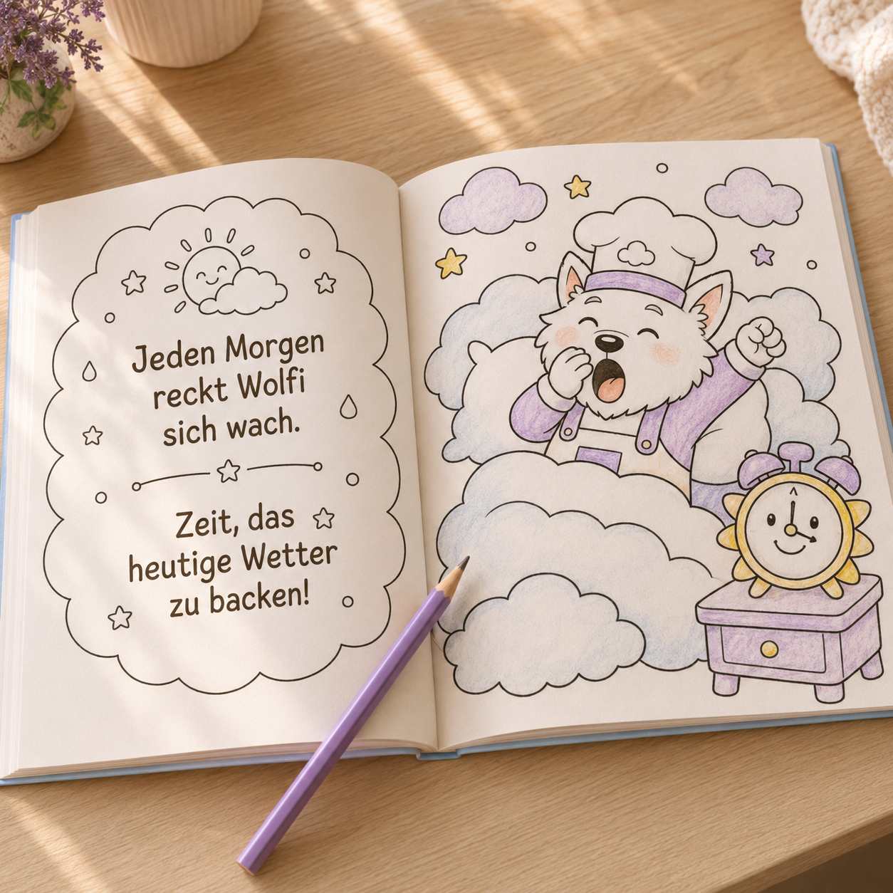 Wolfi & die Wolkenbäckerei — Digitales Malbuch zum Ausdrucken