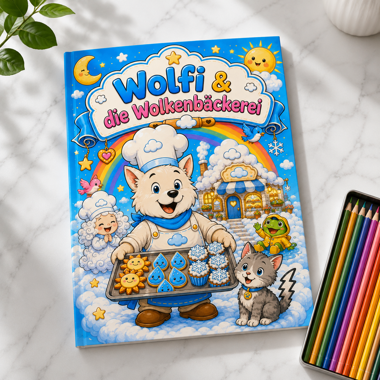 Wolfi & die Wolkenbäckerei — Digitales Malbuch zum Ausdrucken